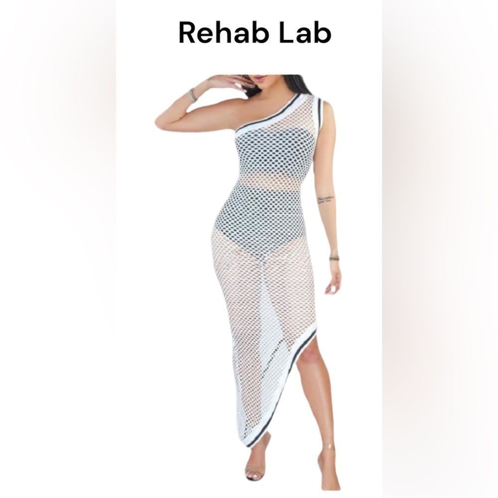 Rehab Lab Womens One Shoulder Asymmetrical Fishnet Cover Up Dress White S